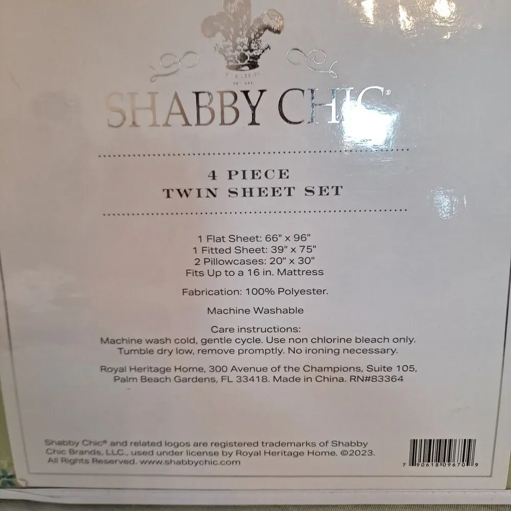Shabby Chic Rachel Ashwell 4 piece TWIN Sheet Set Green Floral